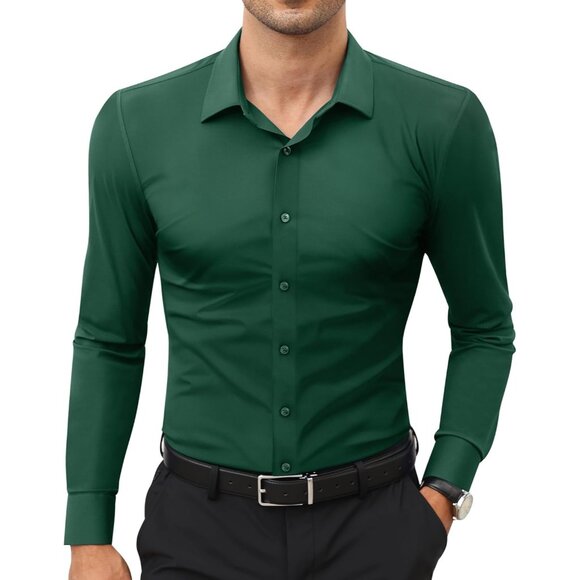 Men's Green Long Sleeve Slim Muscle Fit Wrinkle Free Button Down Dress Shirts - Picture 1 of 8